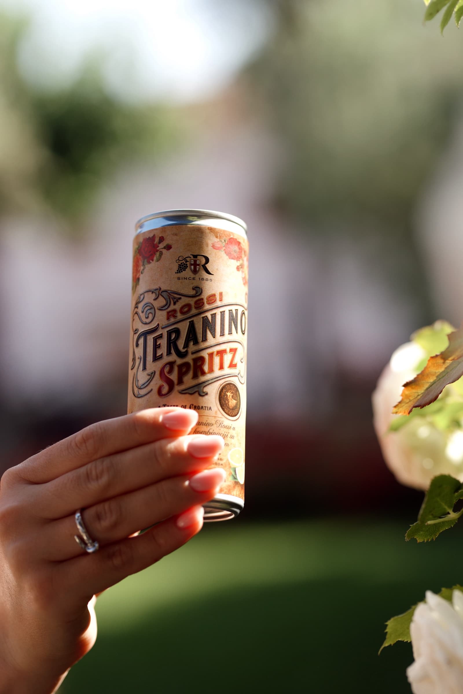 Rossi Teranino Spritz can held up against a sunlit garden