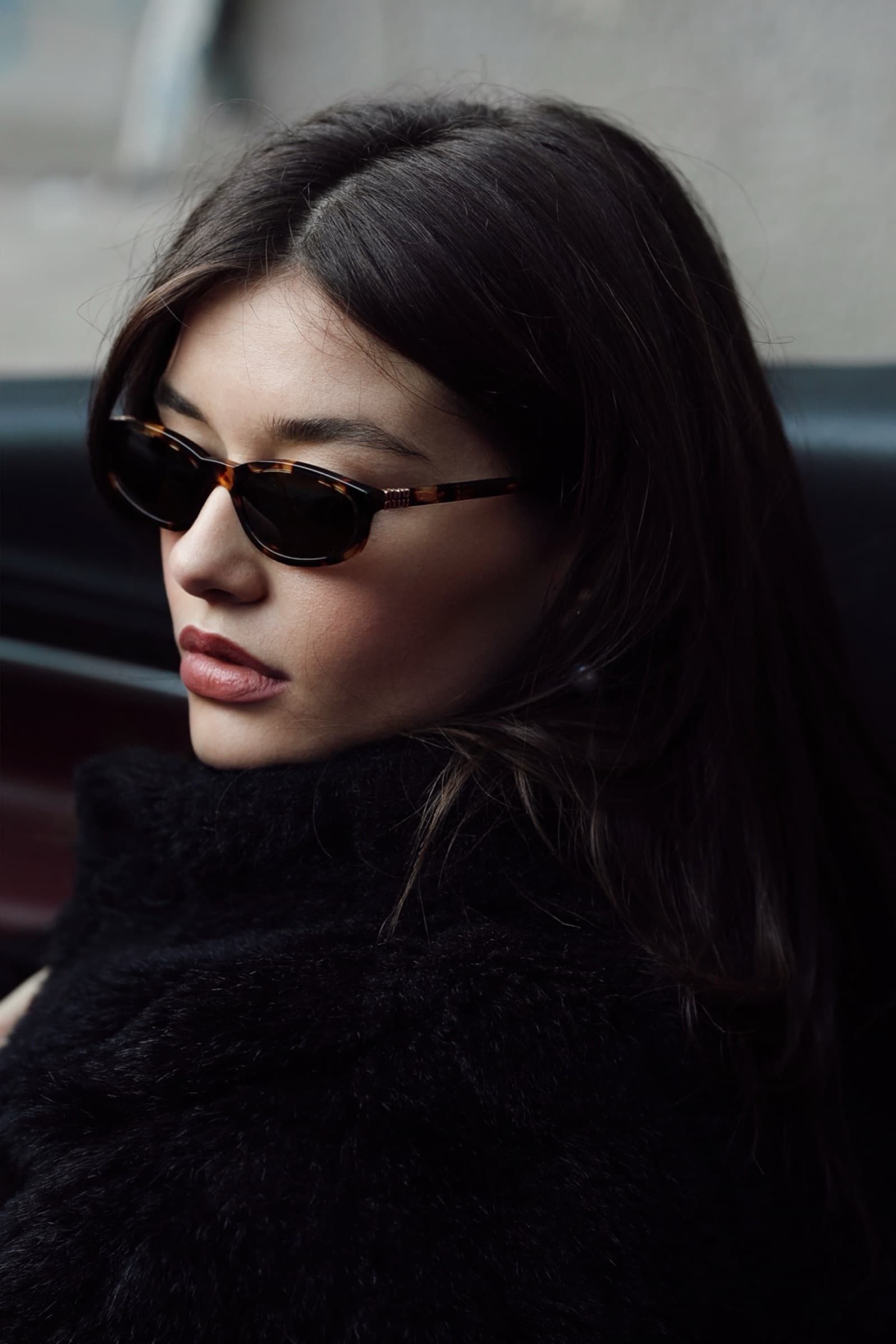 Profile in black fur and slim black sunglasses
