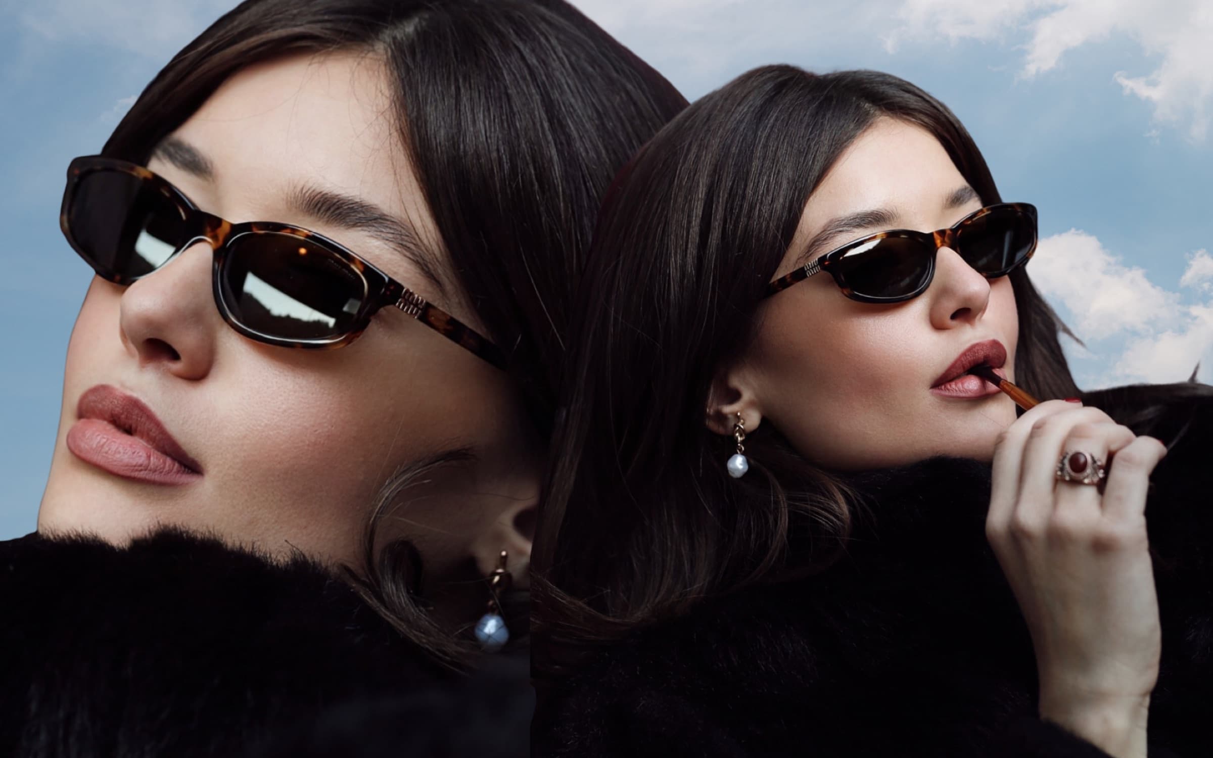 Two models in sunglasses and fur, shot from below